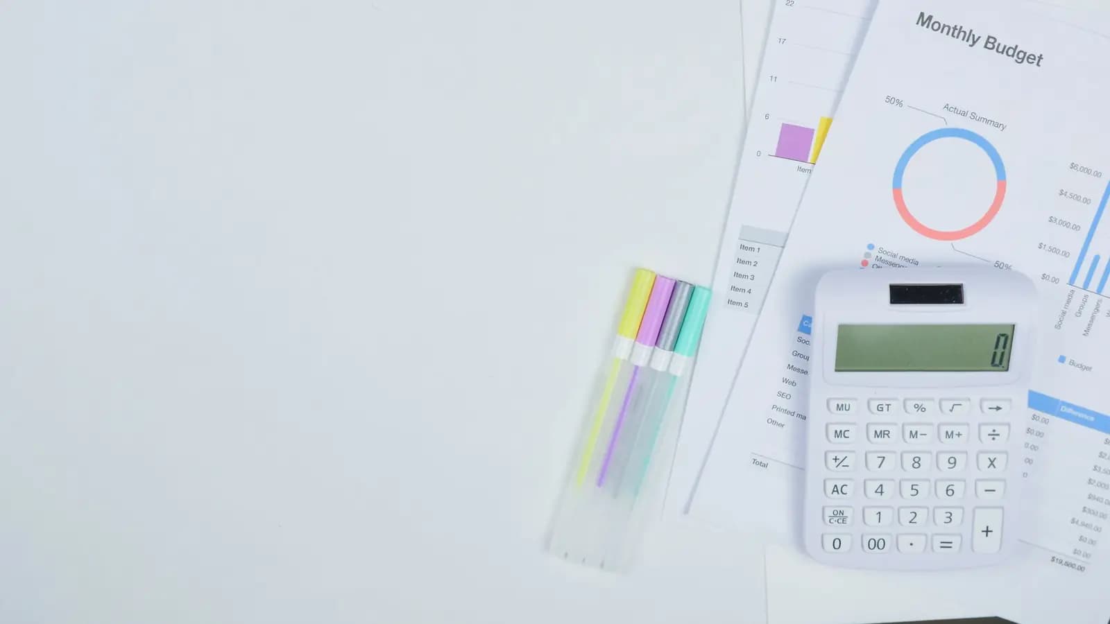 Monthly budget documents with charts and a calculator on a desk